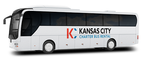 a plain white charter bus with a kansas city charter bus rental logo on it